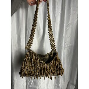 Vintage Cap & Cap Olive Green/Brown Wood Beaded Mesh Shoulder Bag Boho Fringe